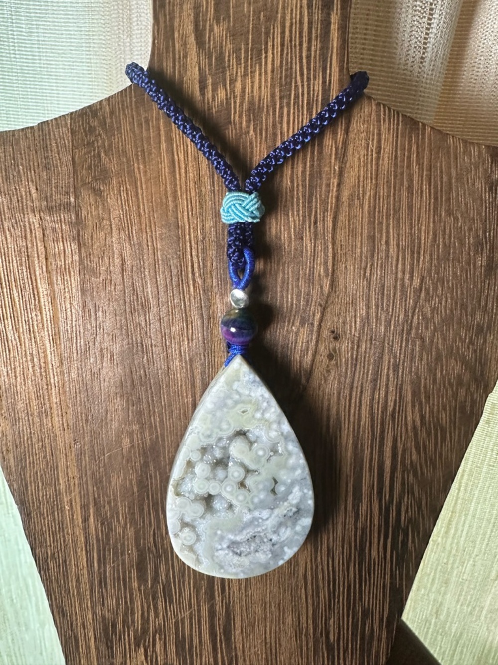 Large White Teardrop Druzy Ocean Jasper Pendant Necklace on Blue Adjustable Rope